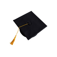 A classic black graduation cap with a yellow tassel and a small button on top.