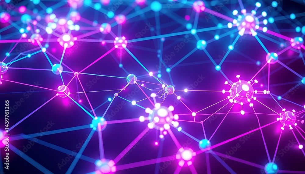 Poster vibrant 3d neon bio tech illustration featuring interconnected nodes and glowing lines in blue and p