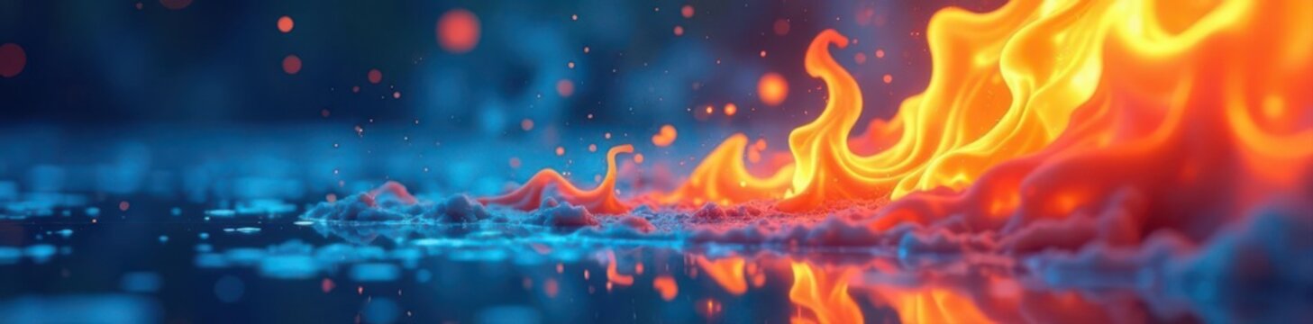 Abstract swirling colors of blue and orange, fire reflecting on water, smooth, bright, blue