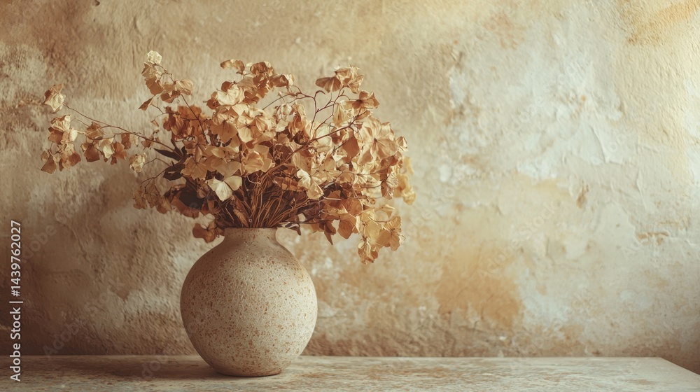 Poster dried flowers in a rustic vase against a textured wall in soft lighting creating a serene atmosphere