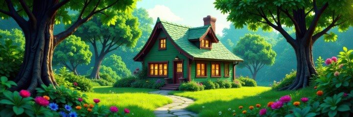 Candy-colored home, lush greenery, fantasy forest , house, storybook, raster