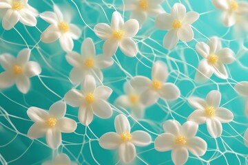 Delicate white flowers on a turquoise mesh background.