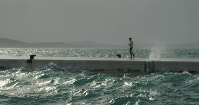 Strong Waves from the Jugo Wind Crash on the Promenade in Zadar, Croatia