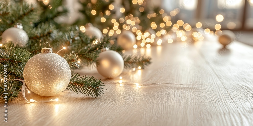 Poster silver christmas baubles on a soft, sparkling background with festive string light bokeh.