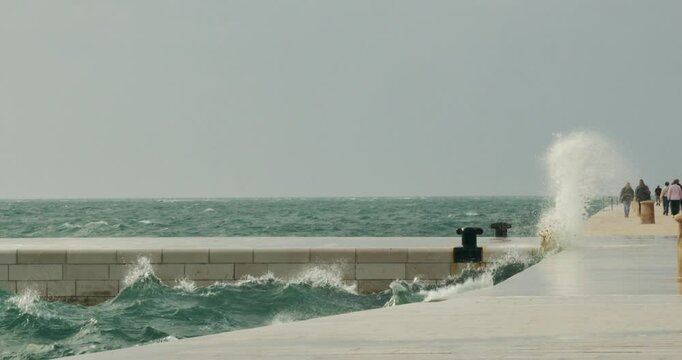 Strong Waves from the Jugo Wind Crash on the Promenade in Zadar, Croatia