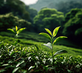 Fototapeta premium A serene landscape showcasing young tea leaves breaking through lush greenery, symbolizing renewal and the beauty of nature?s cycles.