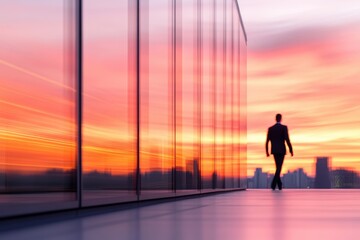 Man walking in city at sunset