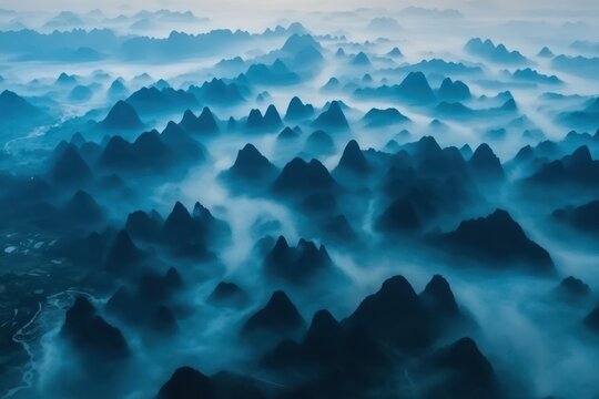 Misty mountain range, aerial view