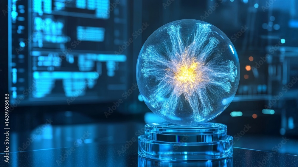 Poster visualization of atomic collision in a modern science lab using holographic technology