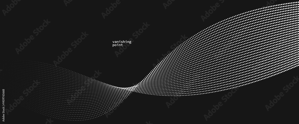 Poster abstract background vector illustration over black, dots in motion by curve lines, particles flow wa