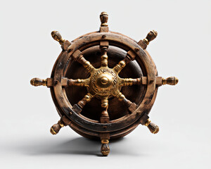 Obraz premium A beautifully crafted wooden ship's wheel with golden accents, symbolizing adventure and maritime heritage.
