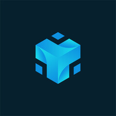Futuristic Tech Logo with Abstract Blue Cube and Surrounding Elements
