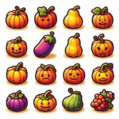 Set of Colorful Pumpkin Icons on White Background 