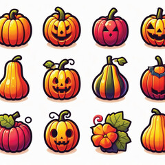 Set of Colorful Pumpkin Icons on White Background 