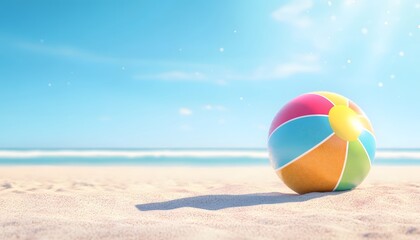 A vibrant colored beach ball sits on the sandy beach