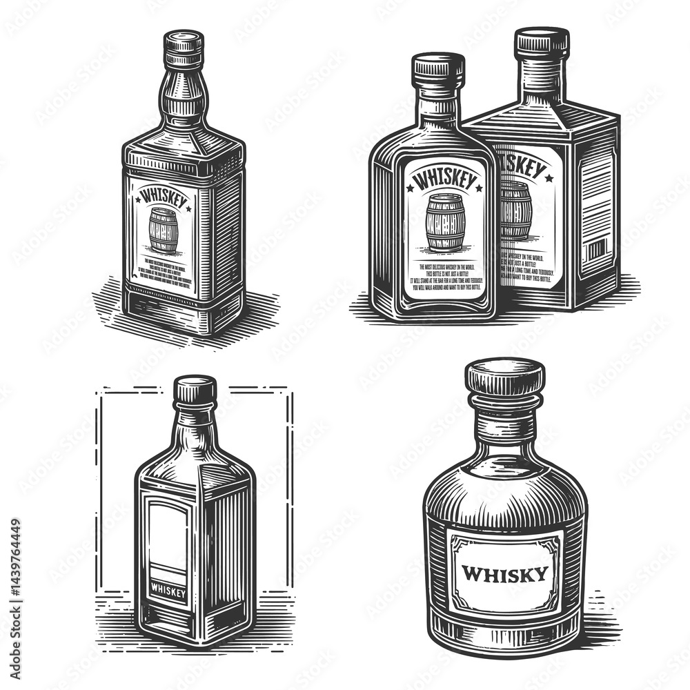 Poster whiskey bottle set collection bundle sketch engraving generative ai raster illustration. scratch boa