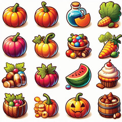 Set of Colorful Pumpkin Icons on White Background 