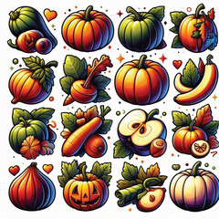 Set of Colorful Pumpkin Icons on White Background 