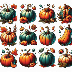 Set of Colorful Pumpkin Icons on White Background 