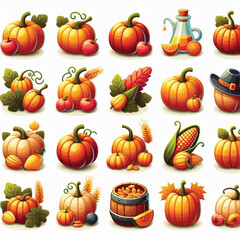 Set of Colorful Pumpkin Icons on White Background 