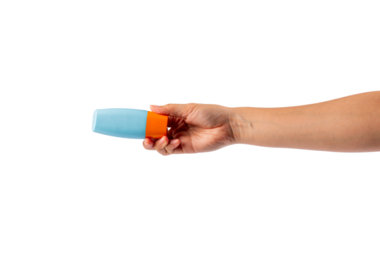Blue cosmetic bottle in hand, Skin care or sunscreen cosmetic on transparent background.