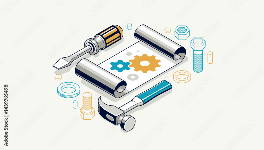 Poster mechanical engineering project in embodiment implementation concept, engine draft plan drawing and w