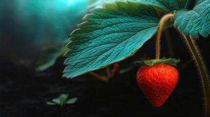 Crimson Gem: A single, ripe strawberry, captured in stunning detail, hangs gracefully from a lush green stem. The scene whispers of summer, vitality, and the simple pleasures of life.