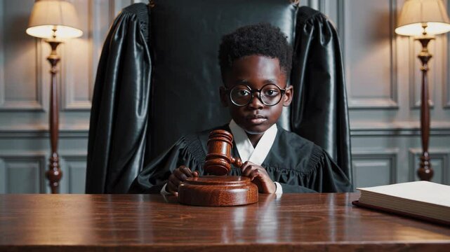 Professional young judge wearing dark framed glasses and judicial robe concentrating while sitting behind wooden desk, holding ceremonial gavel in formal courtroom interior