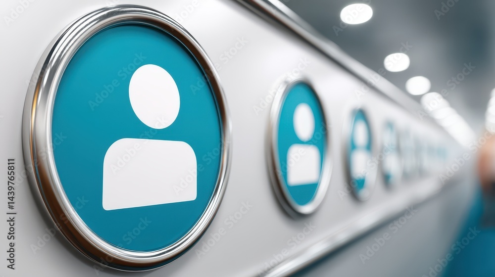 Poster interactive blue and white button with person icon for user profile access