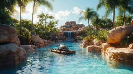 Turtle on raft cruises lagoon waterfall