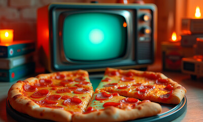Photo of a retro TV set and pepperoni pizza in a cozy interior