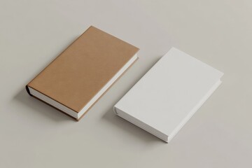 White and brown two clean books cover mockup. Hardcover book template. Top view, copy space. Brochure, magazine or album mock up on a beige gray background. Notebook, Notepad mock-up. Branding Design