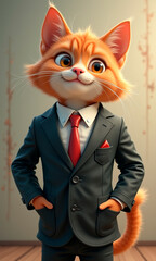 3d rendered cartoonish image of a smiling confident anthropomorphic business cat in a suit