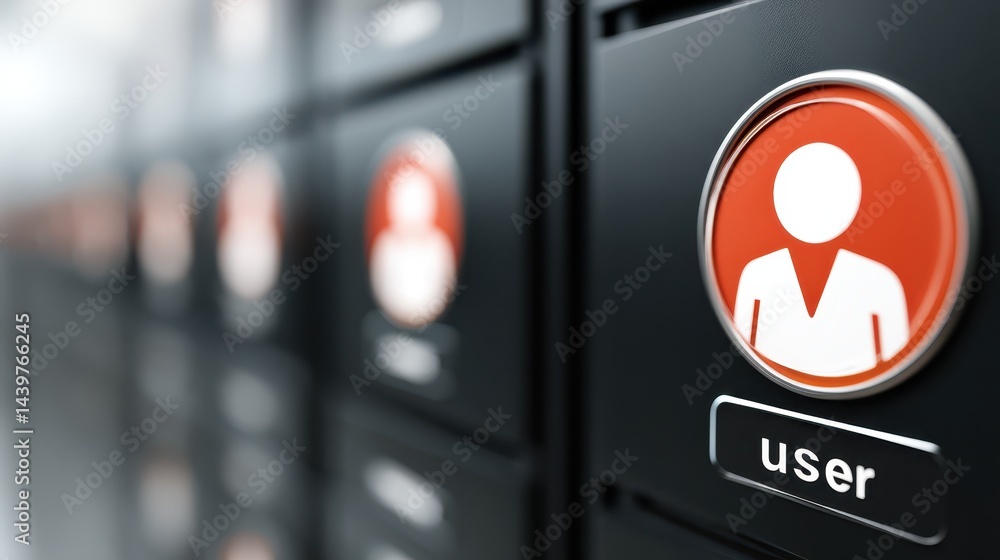 Poster red button on a black locker, closeup study of security and access control