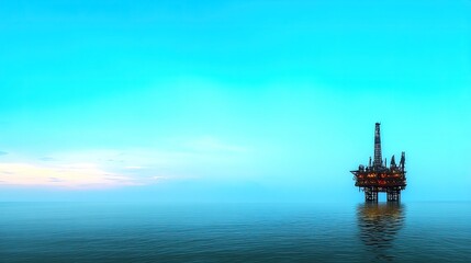 Offshore Oil Rig at Dawn: A lone offshore oil rig stands majestically in the calm ocean waters, silhouetted against a vibrant, turquoise sky at dawn.