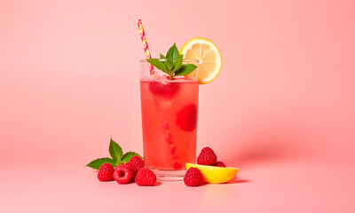 Mockup of a glass with a fresh pink raspberry lemonade with mint