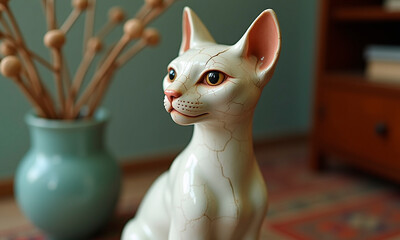 Photo of a graceful, elegant porcelain figurine of a cat in a cozy interior
