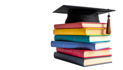Neatly stacked colorful books with a black graduation cap on top, isolated on transparent background, realistic shadows, symbolizing knowledge, learning, and success