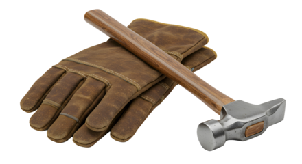 A pair of work gloves with a wooden handled hammer resting on top of the gloves on a plain backdrop on transparent background