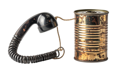 Communication Concept: Tin Can Telephone:
Old-fashioned tin can telephone with string, isolated on transparent background, highly detailed, representing communication, childhood, and nostalgia