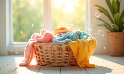 Photo of a laundry basket in a sunlit room with brightly colored soap bubbles around it