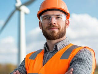 Engineer smiles near wind turbine
