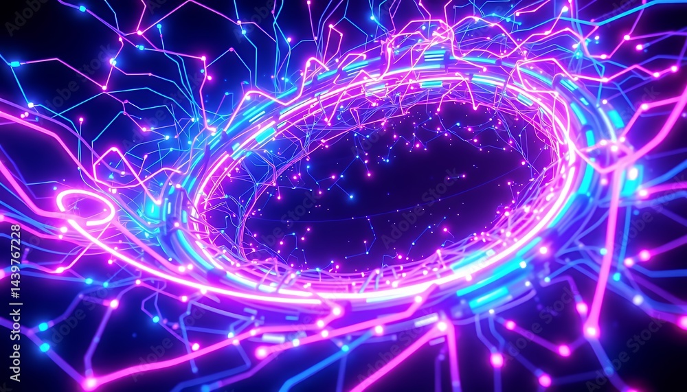 Poster vibrant 3d neon biotech illustration with flowing lines and swirling patterns in shades of blue pink