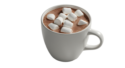 A mug filled with a light brown liquid and topped with several white marshmallows on a solid background on transparent background