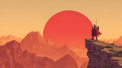 Fototapeta premium Illustration of a warrior in full armor standing on a cliff at sunset, minimalist style.