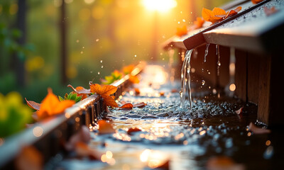 Sunny photo of gutter cleaning from leaves and debris