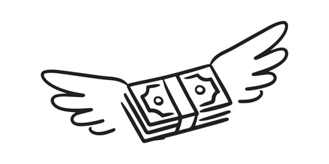 Obraz premium Dollar bill with wings doodle. Flying money. Hand drawn vector illustration.