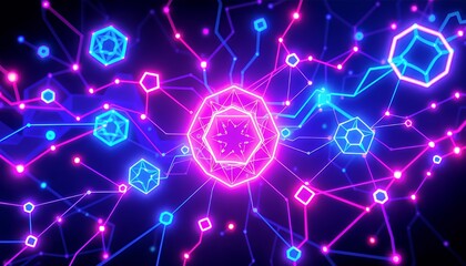 Fototapeta premium Vibrant 3D Neon Biotech Illustration with Geometric Shapes Connected by Lines in Blue Pink and White Against a Dark Background a Futuristic Glowing Tech Design