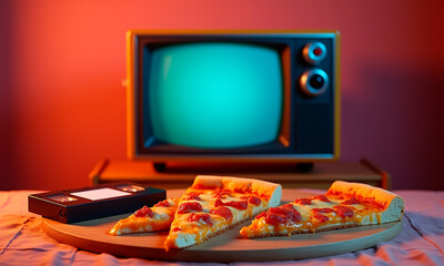 Photo of a retro TV set and pepperoni pizza in a cozy interior