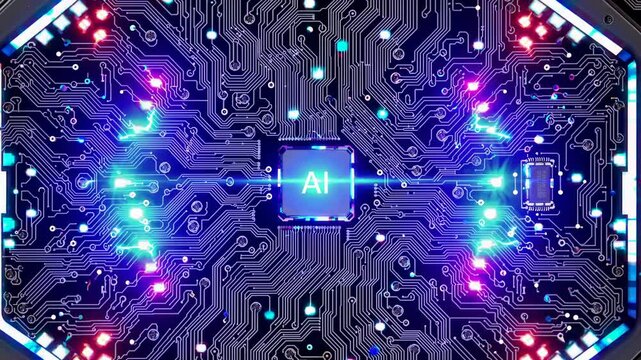 Colorful lights flash across a circuit board, illuminating an ai chip as it activates, suggesting a powerful surge of activity and data processing